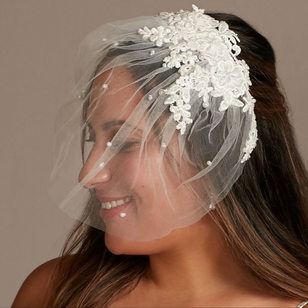 Lace Applique Blusher Veil with Pearls
